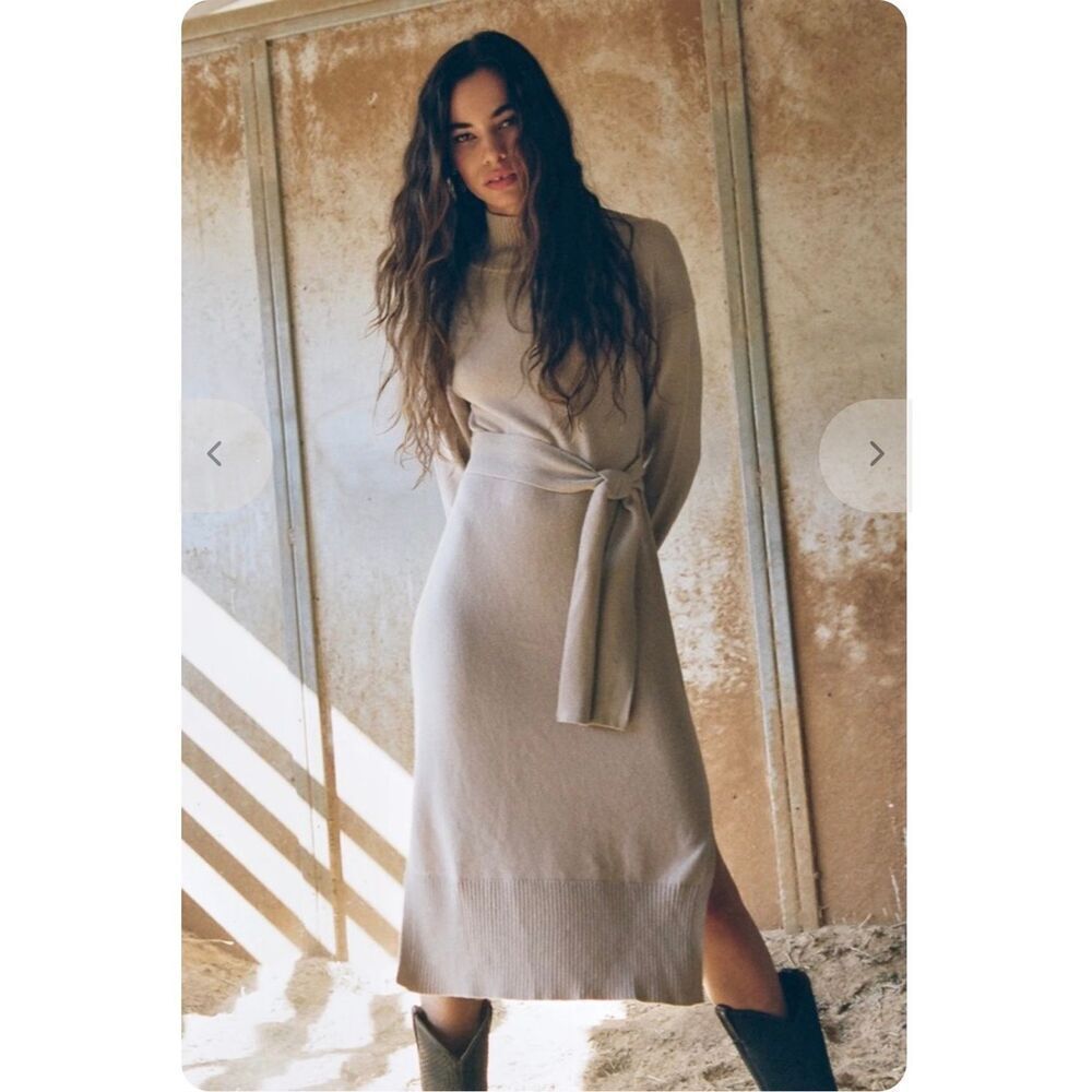NWT Rails Wool Blend Mila Tie Waist Turtleneck MIdi Sweater Dress Taupe S